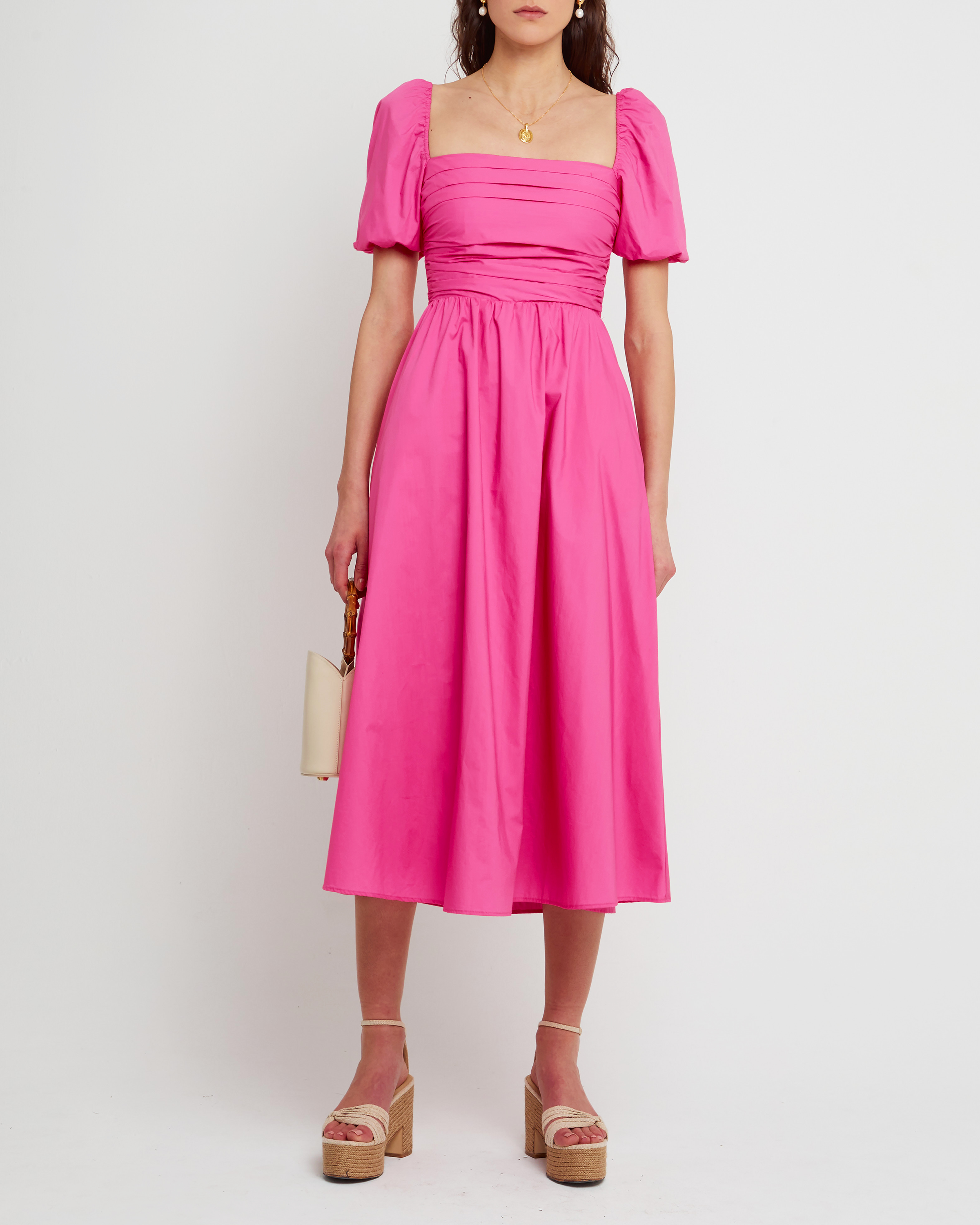 Juliet | Pink Puff Sleeve Midi Dress
