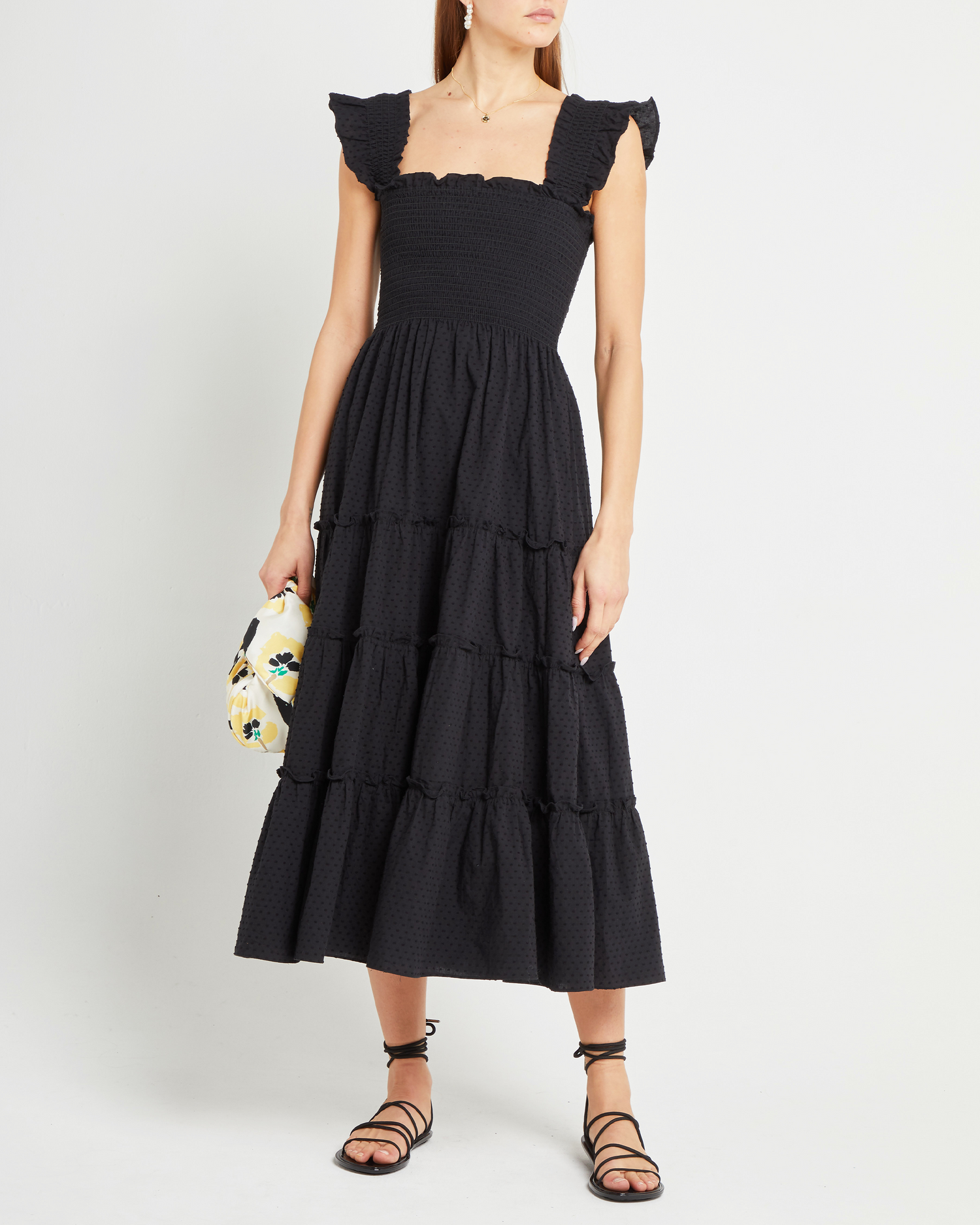 Adorable Ideal Black Floral Print Tiered Ruffled Midi Dress