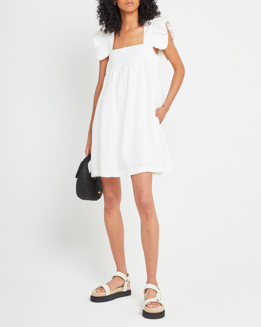Third image of Aria Dress, a white mini dress, ruffle sleeves, retro, babydoll, loose, relaxed, square neckline