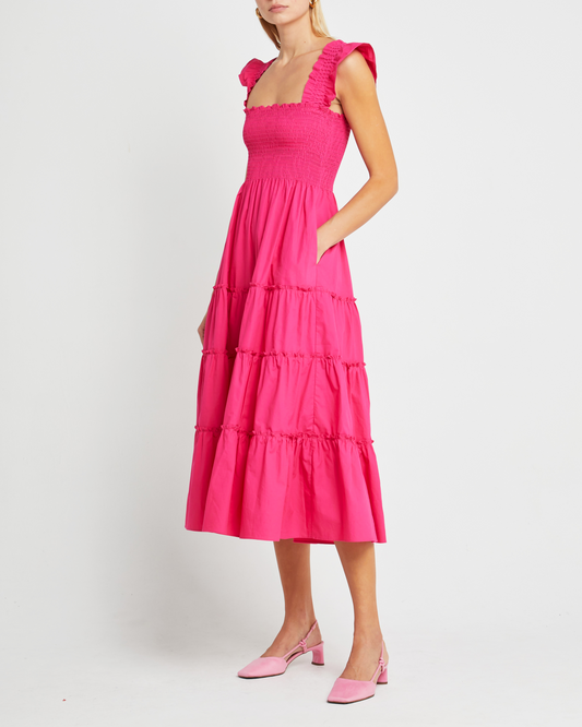 Third image of Calypso Maxi Dress, a pink maxi dress, ruffle cap sleeves, smocked bodice
