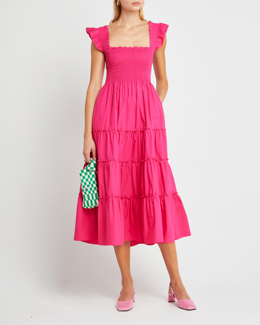First image of Calypso Maxi Dress, a pink maxi dress, ruffle cap sleeves, smocked bodice