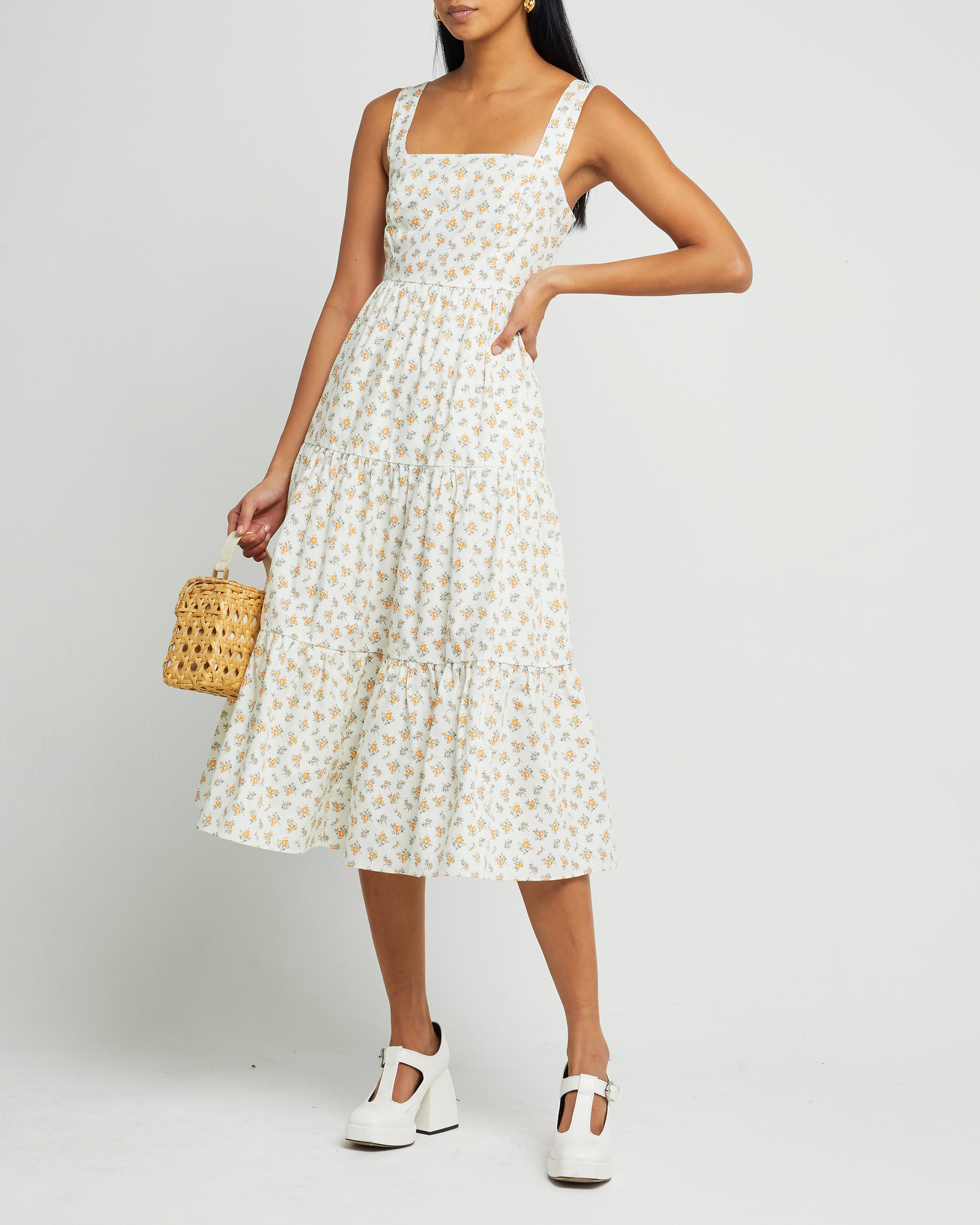 Fourth image of Billie Dress, a  midi dress, pockets, tiered skirt, square neckline, tank