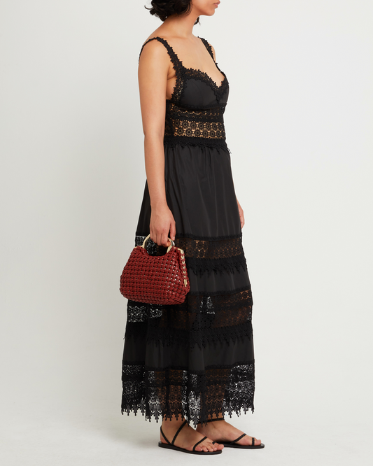 Third image of Cello Dress, a black maxi dress, sheer, lace detail, paneling, cut out, layers, lining, sweetheart neckline